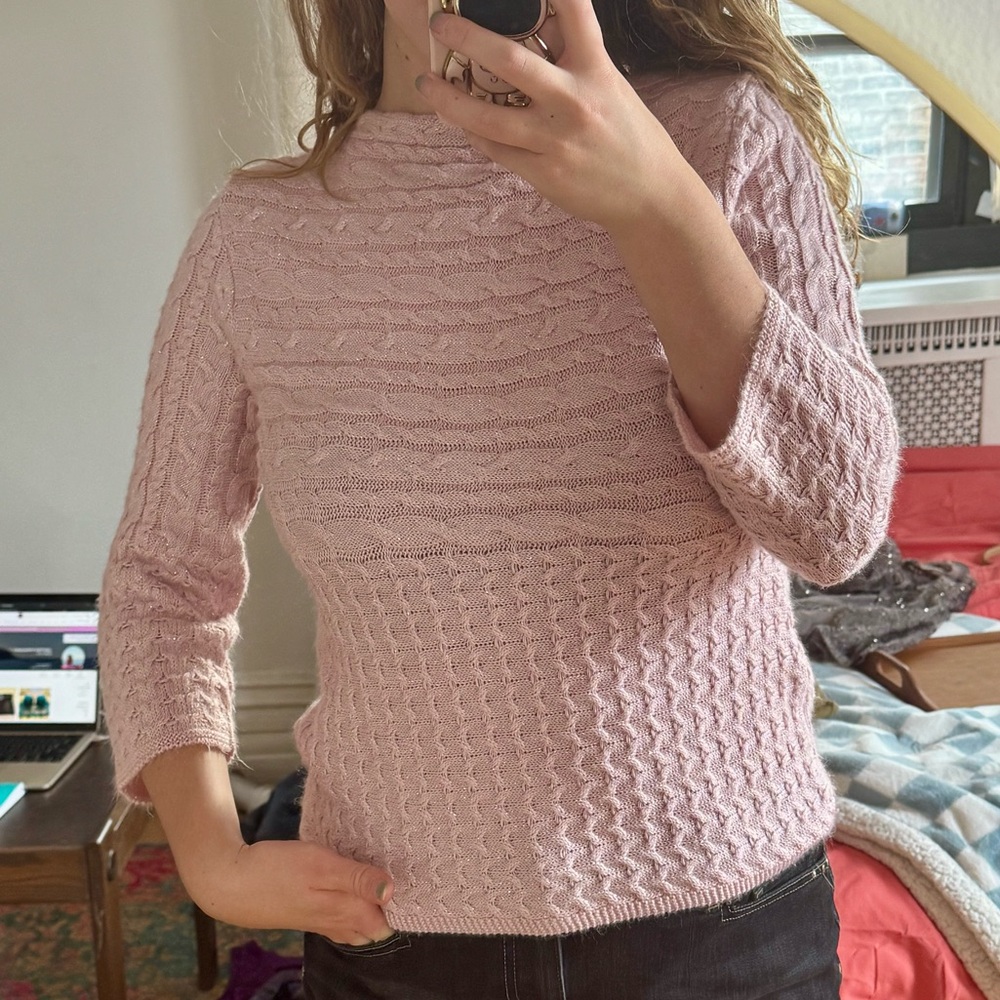 Pink Cable Knit Sweater w Shimmer | 3/4 Sleeves | Size Medium Petite